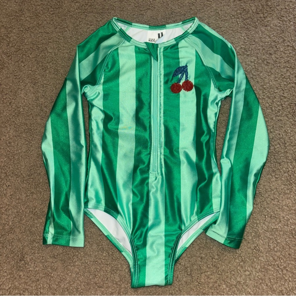 Cotton On Lydia green striped long sleeve swimsuit with cherries, size 4